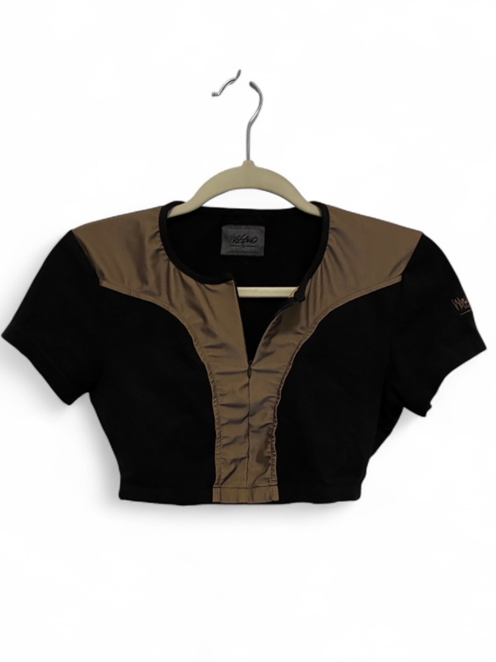 Vintage Messino Taupe Black Short Sleeve Zip Up Crop Top